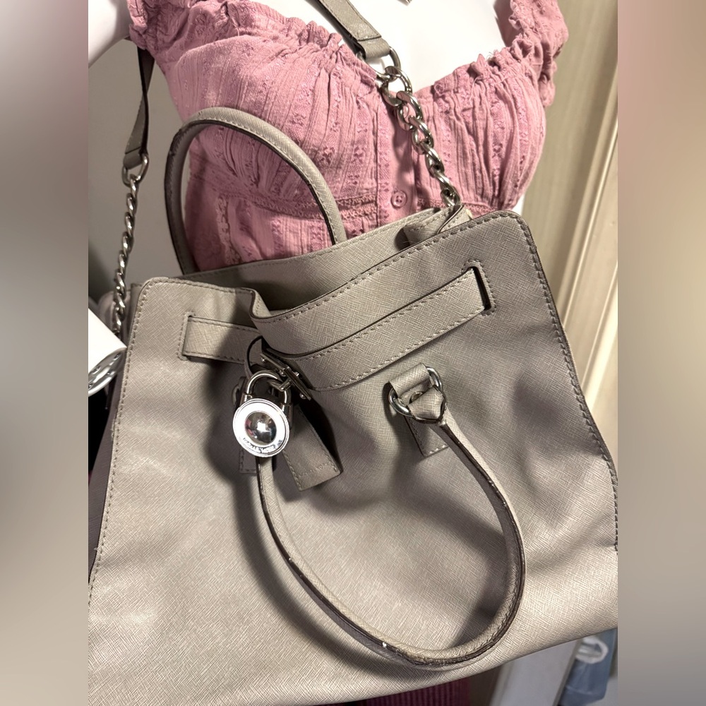 Michael kors gray large handbag/ purse with locket & original dust storage bag